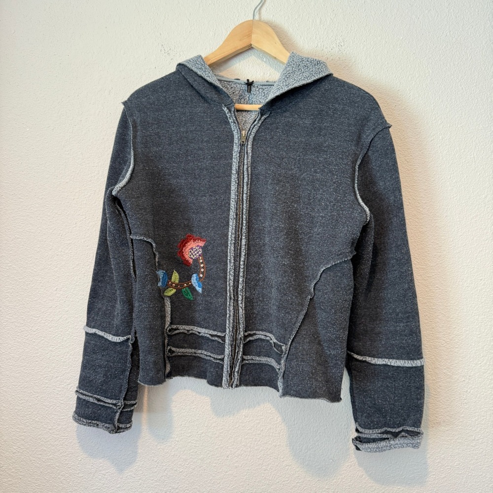 SDI Womens Gray Patchwork Floral Embroidered Sequin Raw Edge Zip Up Hoodie M